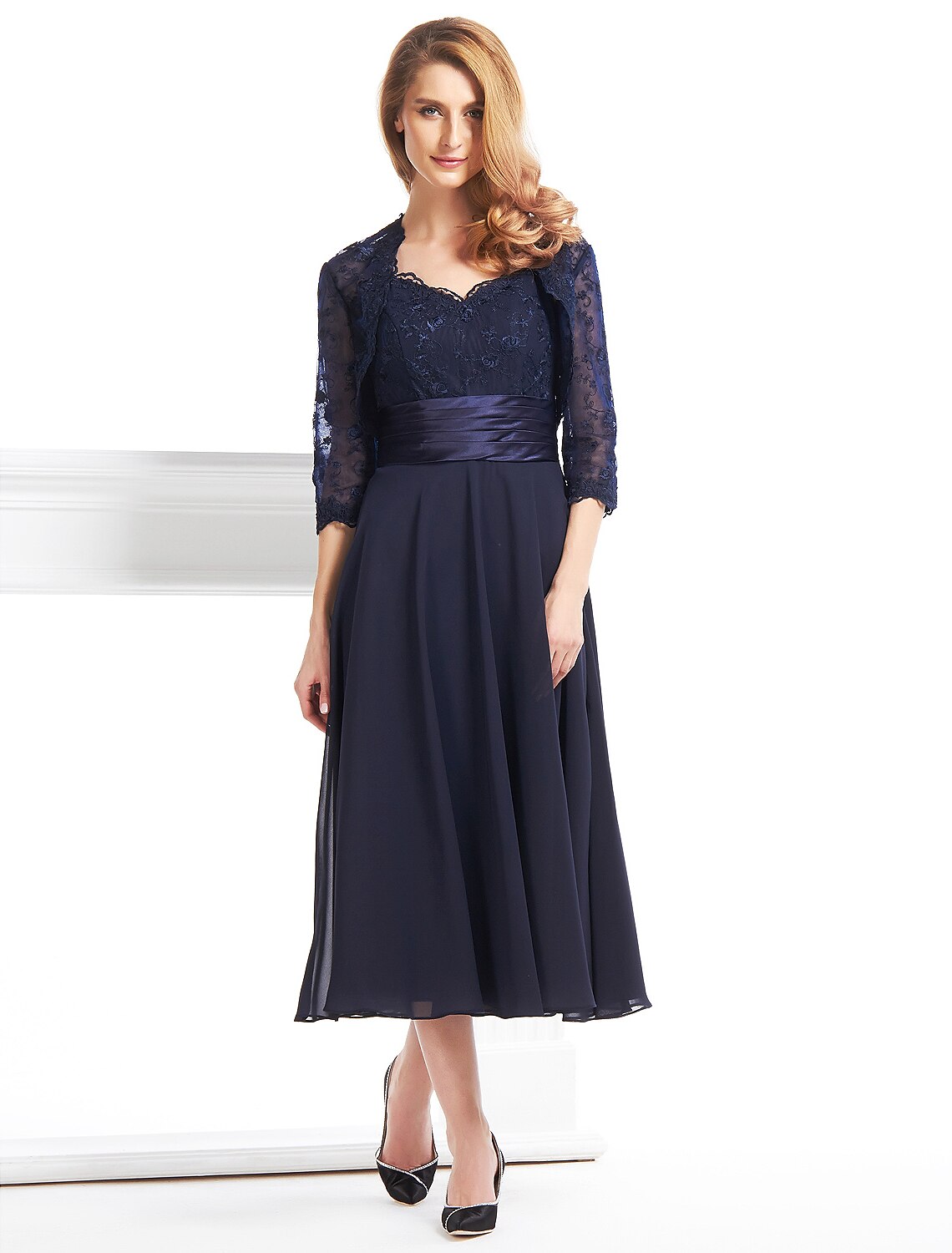 Abito da madre della sposa a trapezio, abito convertibile, scollo a V, lunghezza tè, chiffon, pizzo cordonato, senza maniche, con applicazioni di pieghe in pizzo